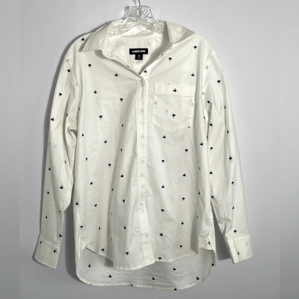 Lands' End White Navy Blue Button Down Shirt Palm Tree Embroidery Medium 10-12